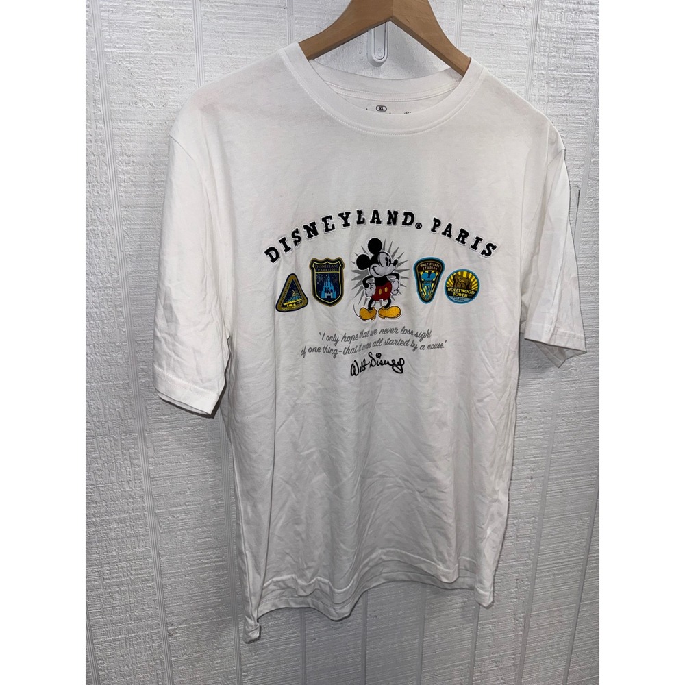 Disneyland Paris T-Shirt Women White Mickey Mouse Attraction Patches XL - Picture 3 of 7